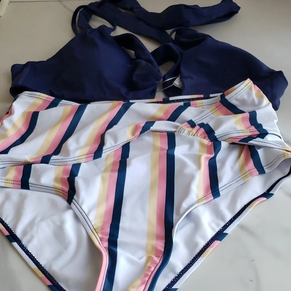 SHEKINI Push Up Bathing Suits Cross Wrap Bikini Set in Deep Blue Size M
